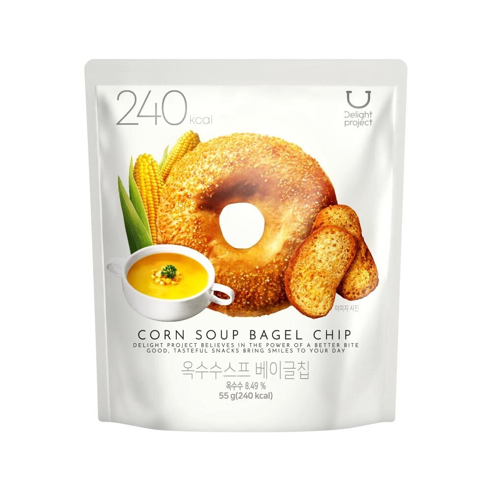 A bag of Delight Project Corn Soup Bagel Chip from Olive Young, with 240 kcal printed in large type on the front of the pack.