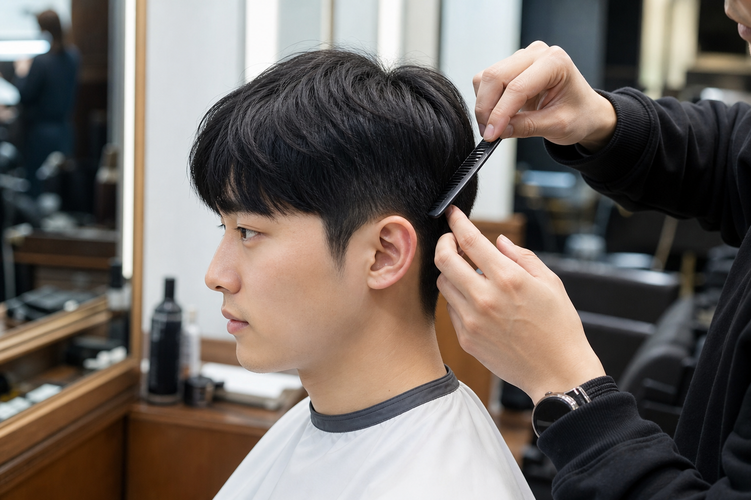 A Korean men's salon side-profile reference showing a stylist controlling the side hair around a two-block cut.