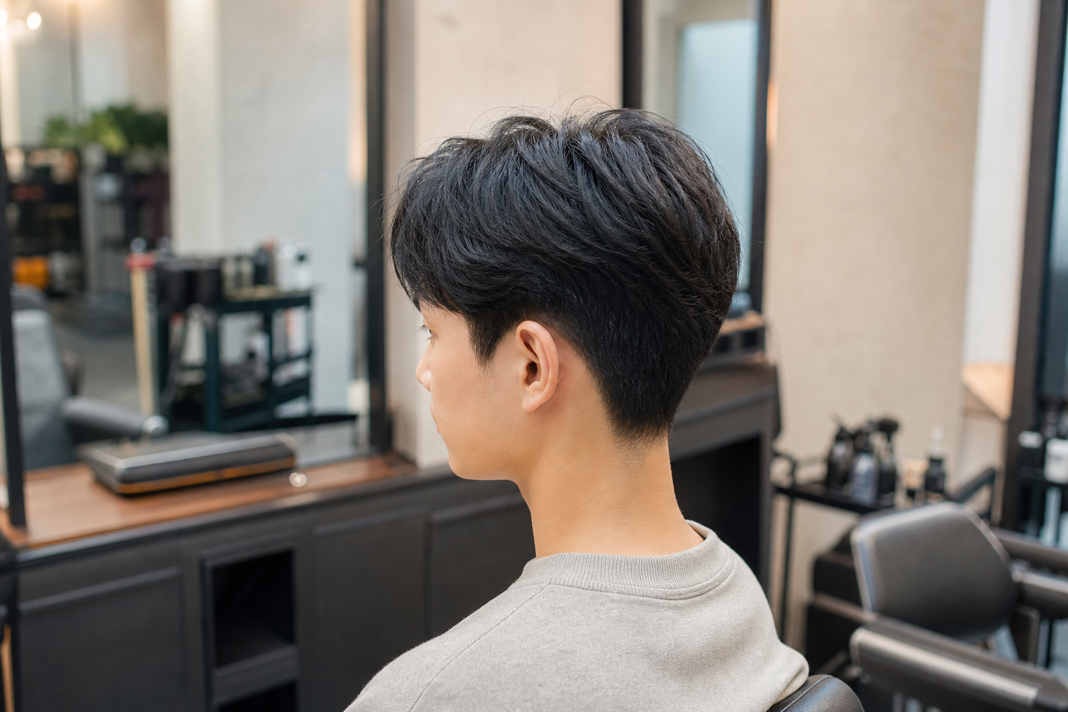A Korean man in a modern Seoul-style salon showing a clean two-block haircut from the side and back.