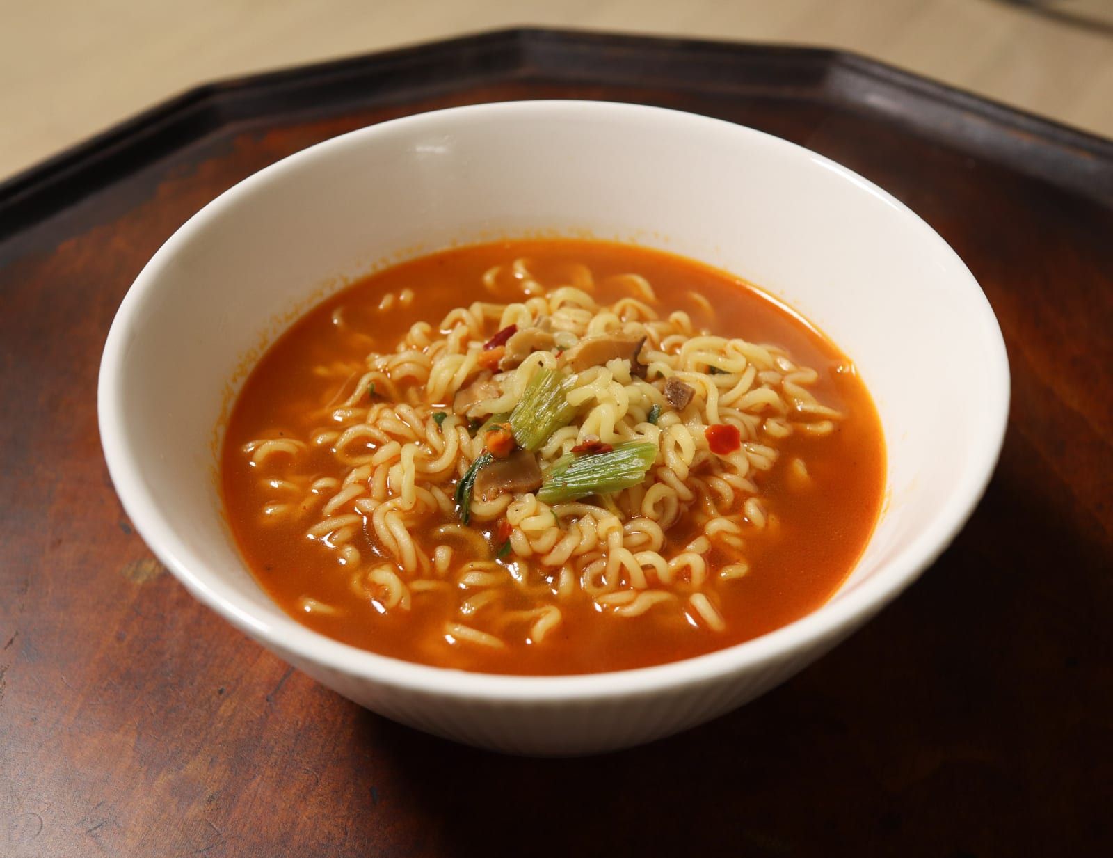 A bowl of Korean ramyun, showing the quick-meal lane that gives a pantry starter kit immediate payoff.