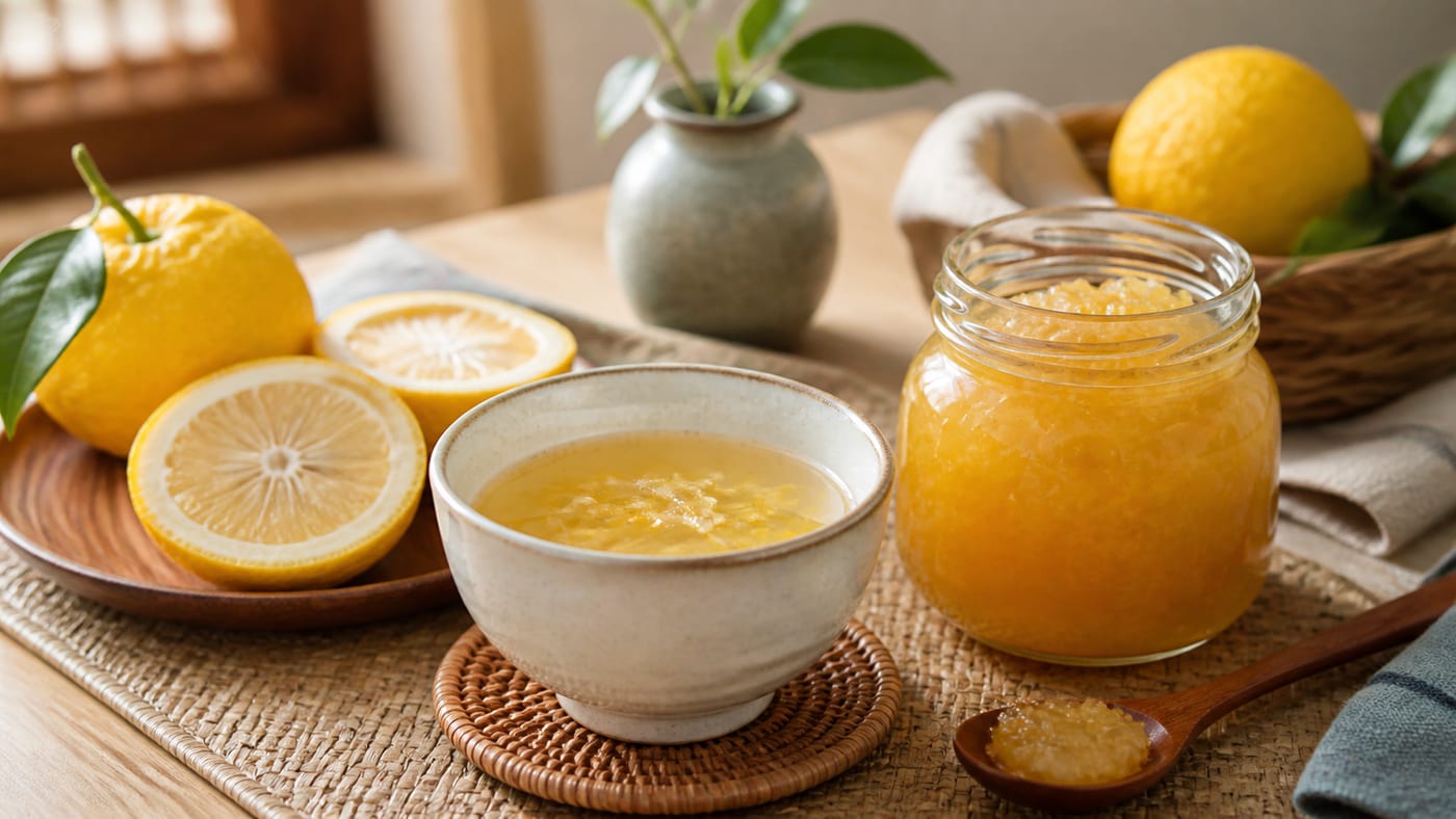 A warm bowl of Korean yuja tea beside a jar of honey citron preserve and sliced citrus.