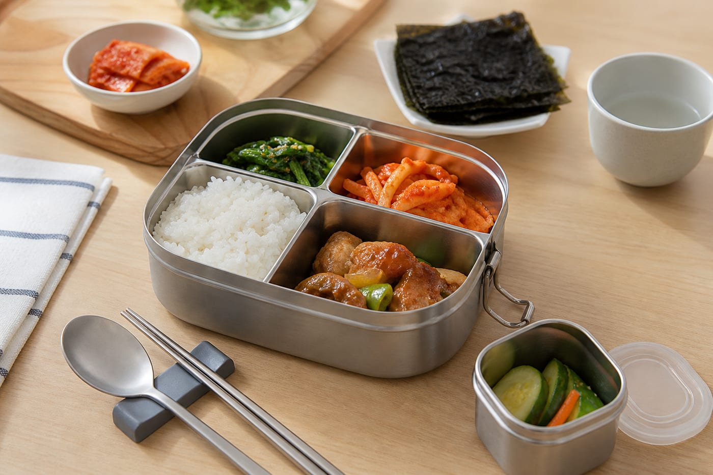 A Korean dosirak container with rice, gim, small sides, spoon, and chopsticks.