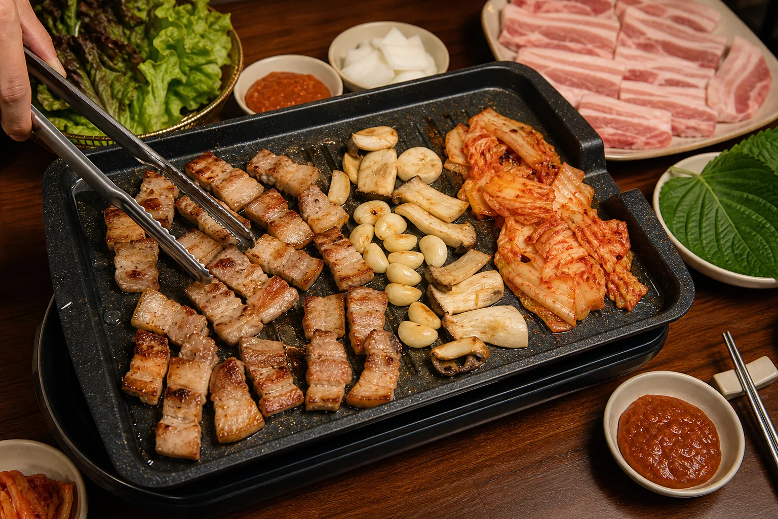 Pork belly, mushrooms, garlic, and kimchi cooking in separate zones on an electric grill.