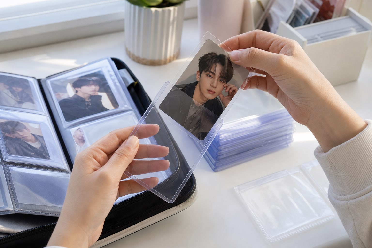 A fictional photocard being placed into a sleeve and rigid holder beside a binder.
