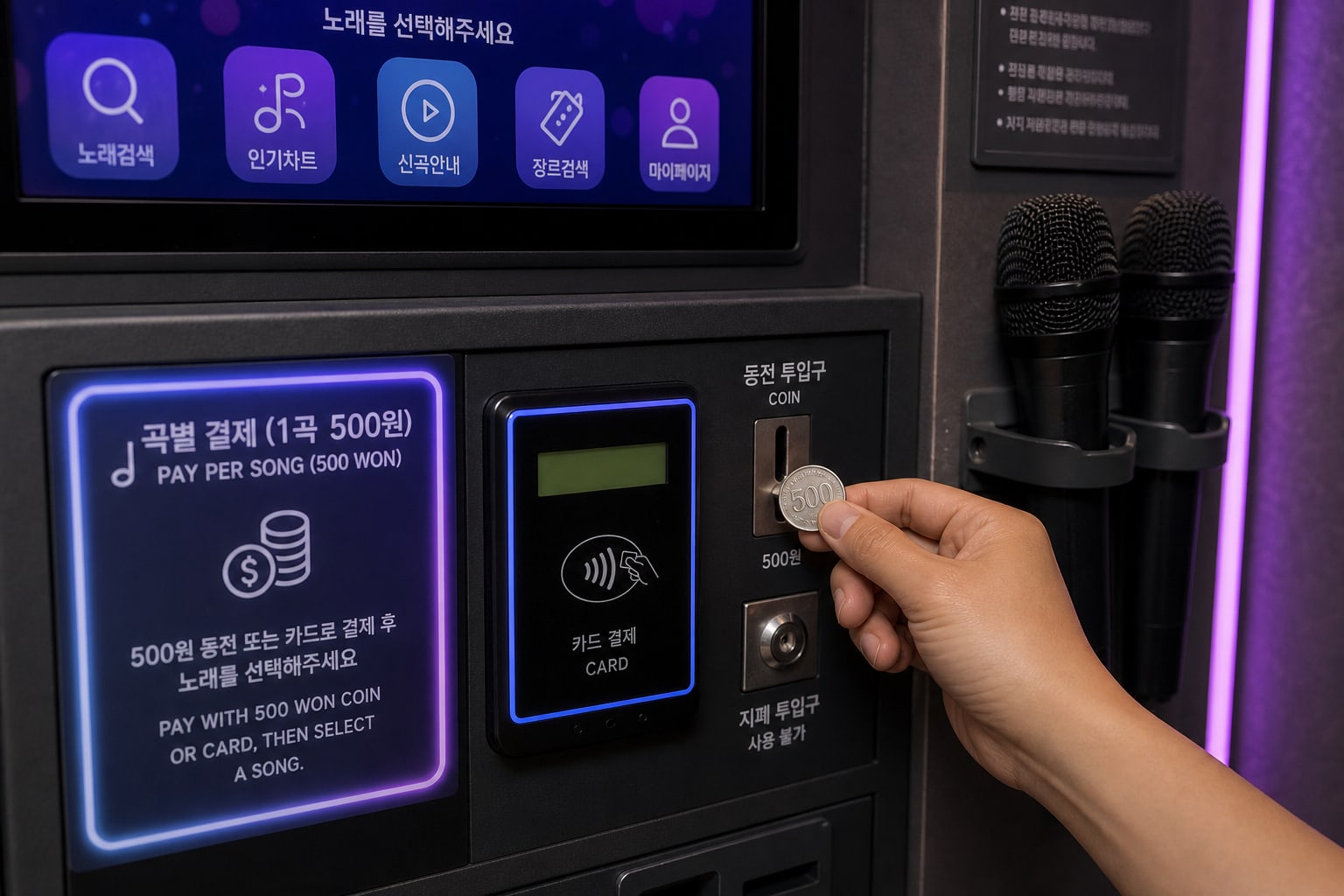 An illustrative coin noraebang payment panel with a 500-won coin, card reader, and microphones.