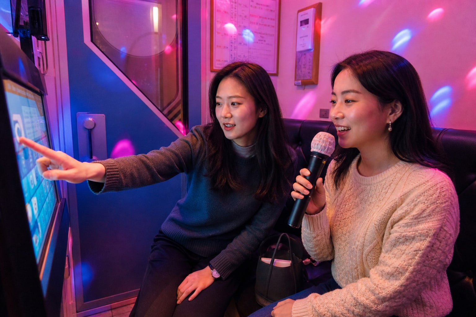 Two friends select a song on a touchscreen in a compact Korean-style karaoke booth.