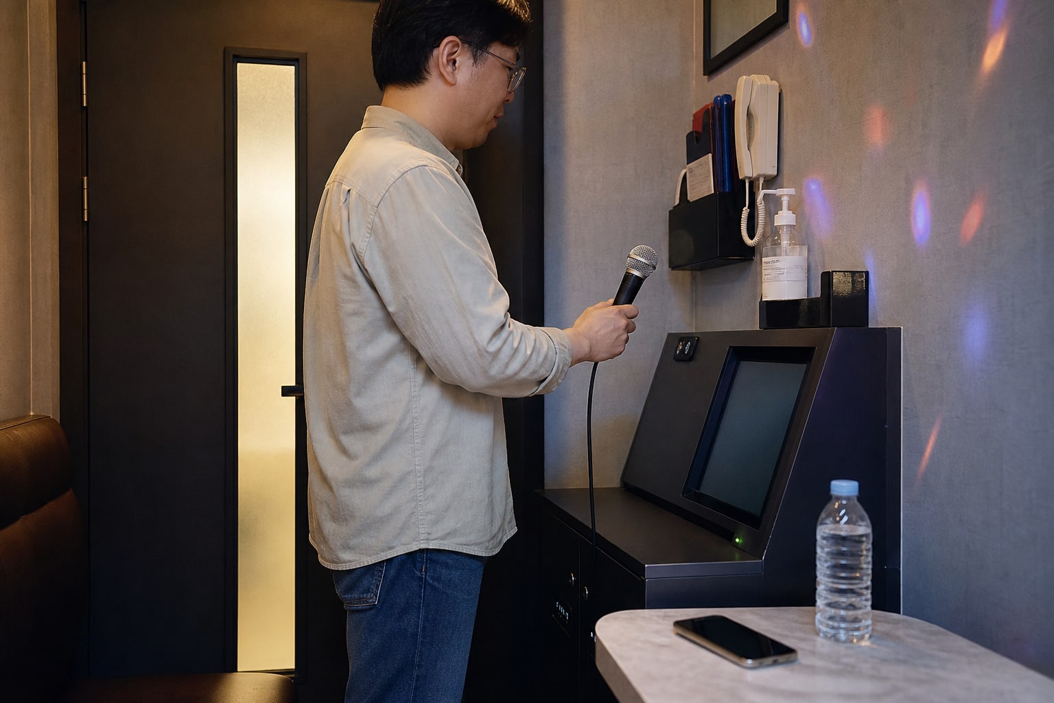 A traveler returns the microphone neatly and keeps water and a phone away from the console.