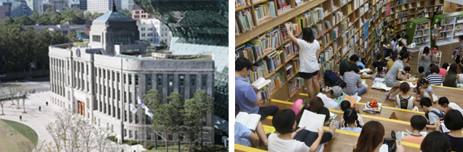 The historic Seoul Metropolitan Library exterior and readers inside the civic library.