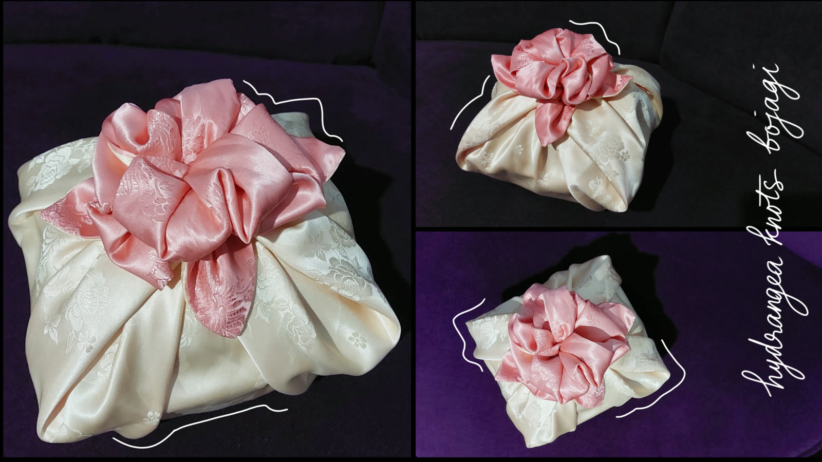 A two-tone bojagi is tied into a flower-like hydrangea knot around a gift.