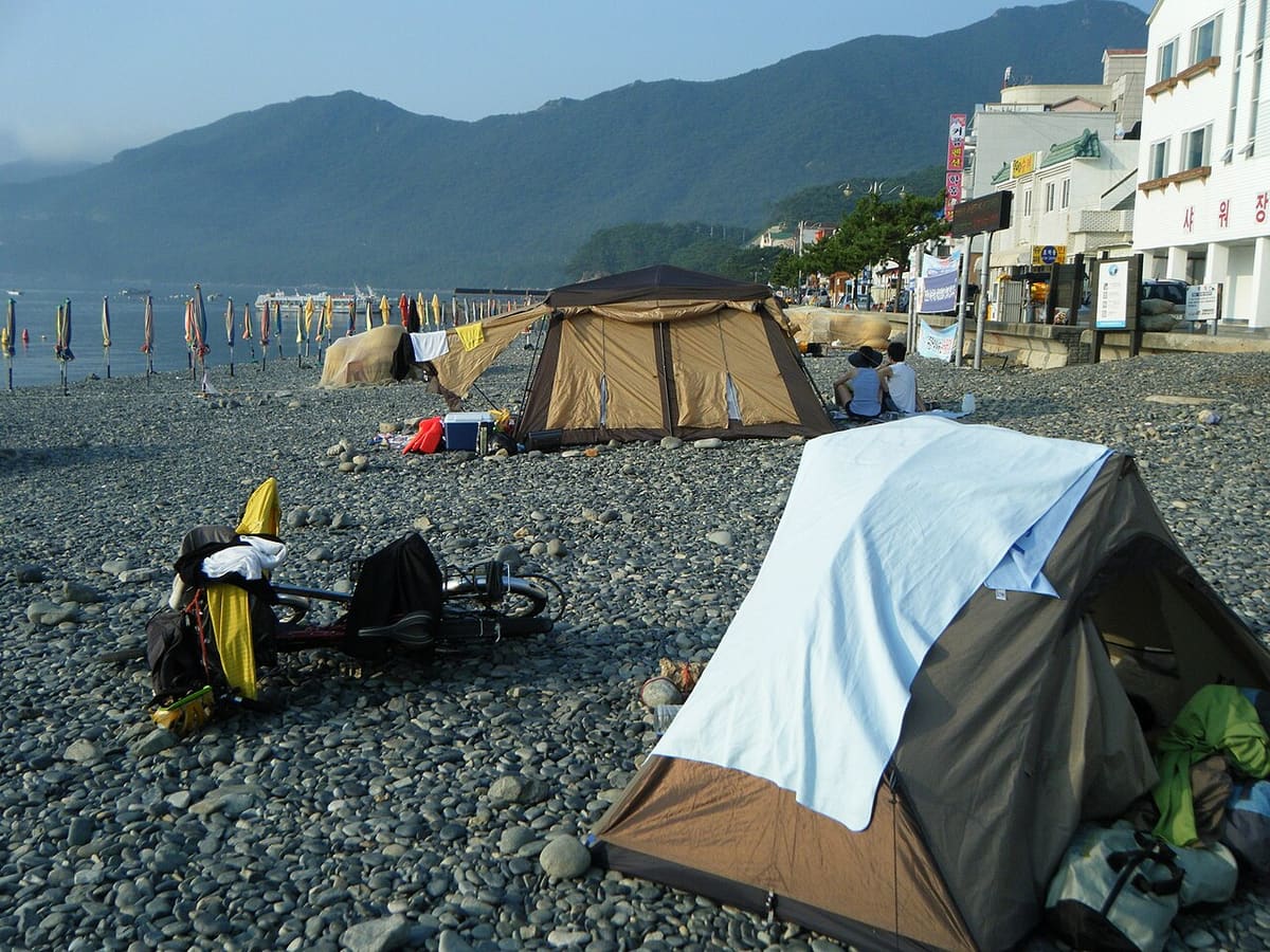 Tents at a designated beach campsite at Hakdong, Korea.
