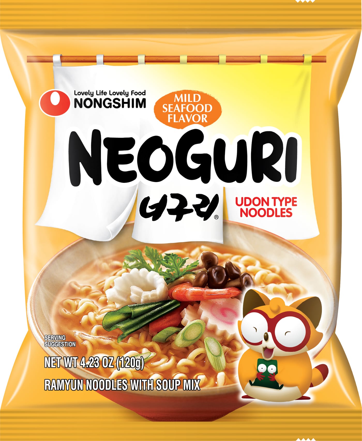 Nongshim Neoguri Mild packet in its green bag, the version Korean households buy for children.