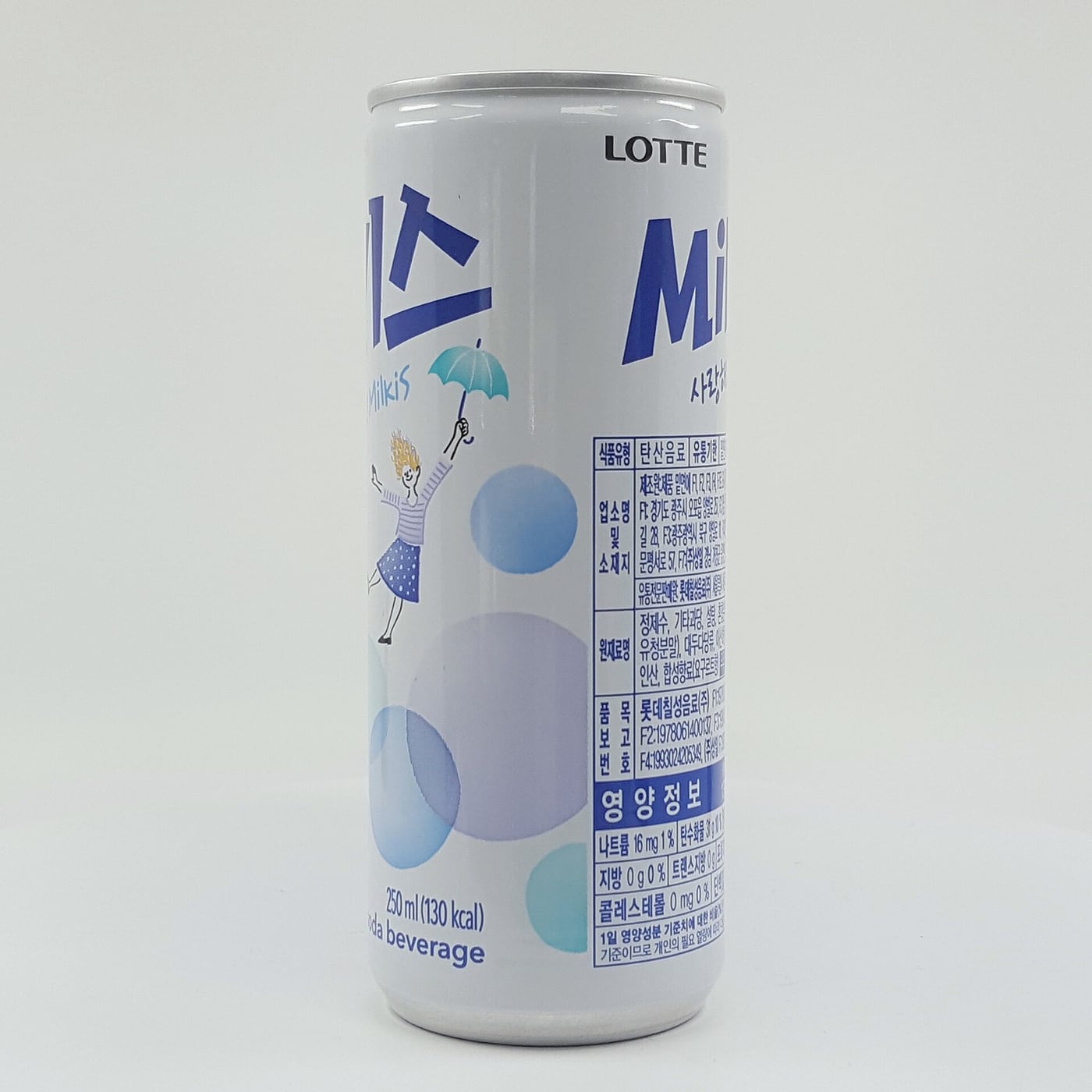 A Korean 250 ml Milkis can showing the Korean nutrition and ingredient panel.