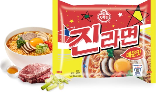 The official Ottogi pack shot of Jin Ramen spicy, a yellow bag with the character 진 in red.
