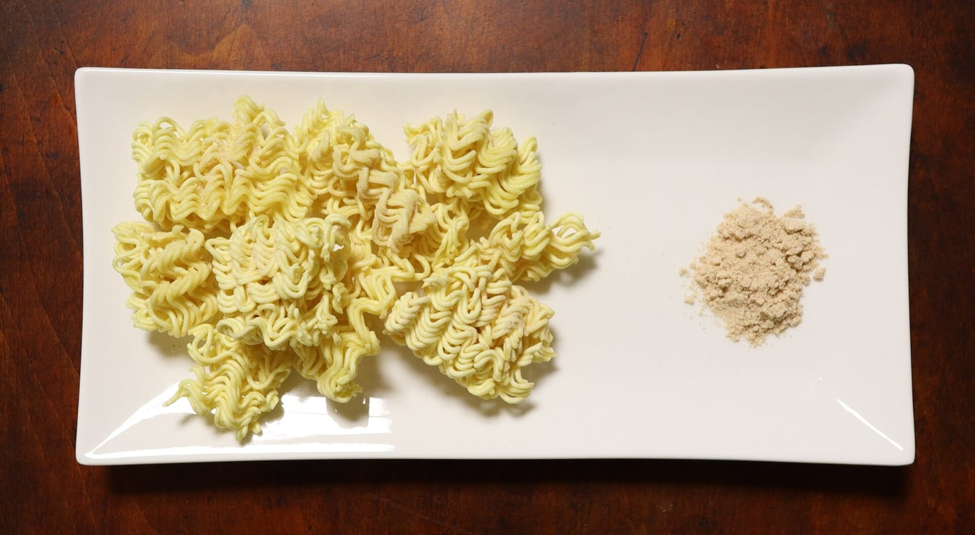 Crushed Ppushu Ppushu noodle pieces on a white plate beside a small pile of pale seasoning powder.