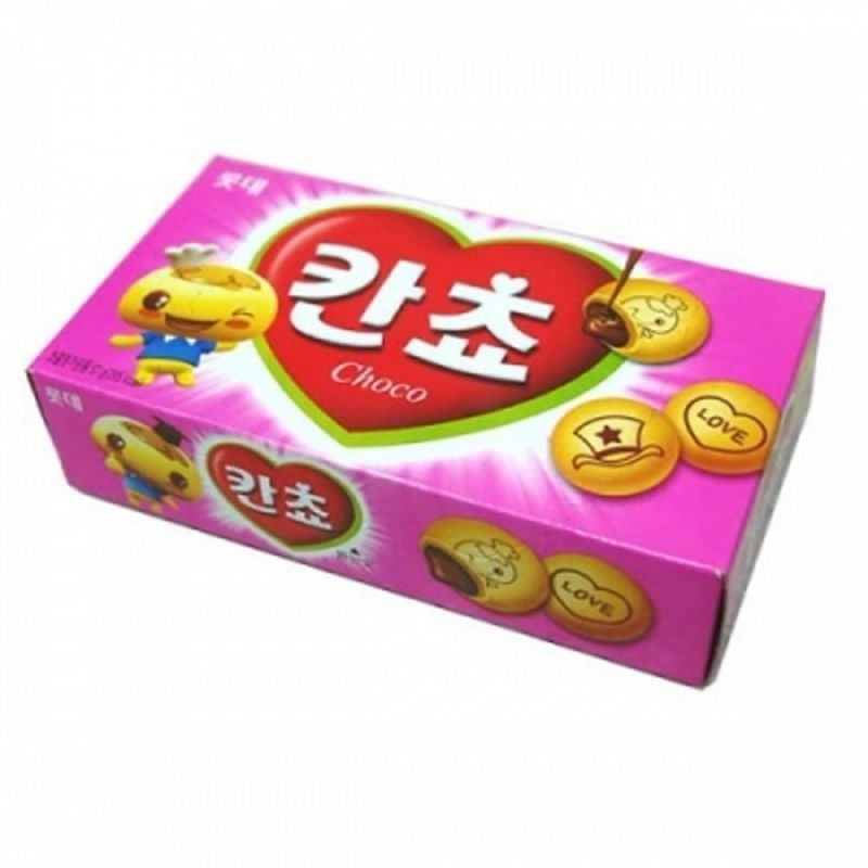A pink Kancho Choco box with a yellow character in a chef's hat and biscuits showing a chocolate filling, a hat and a LOVE heart.