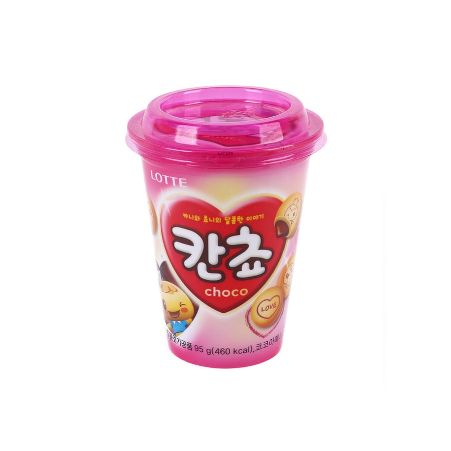 A Lotte Kancho Choco cup with a pink resealable lid, reading 카니와 쵸니의 달콤한 이야기 and 95 g, 460 kcal.