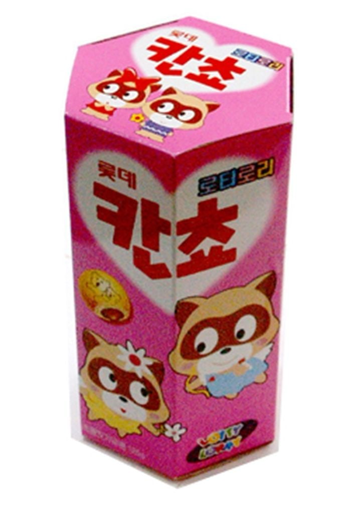A tall pink hexagonal Kancho box from an earlier era, printed with two masked raccoon characters and the words 로터로리.