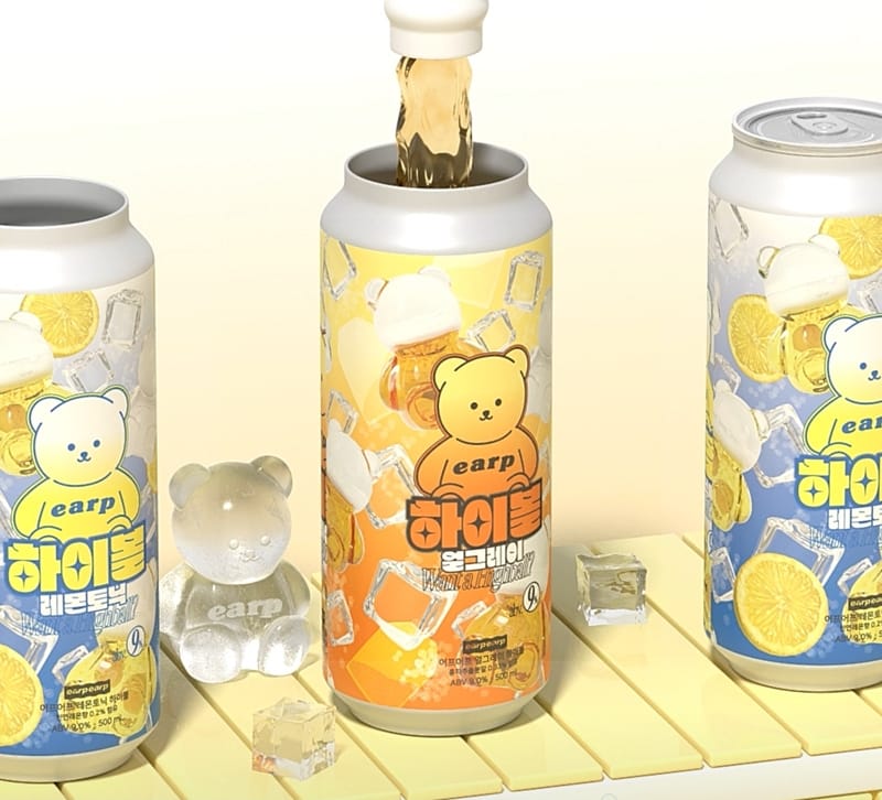 Three EARP EARP canned highballs in a Korean convenience store product shot, lemon tonic and Earl Grey, with a bear character and ice cubes, labelled ABV 9.0% and 500 ml.