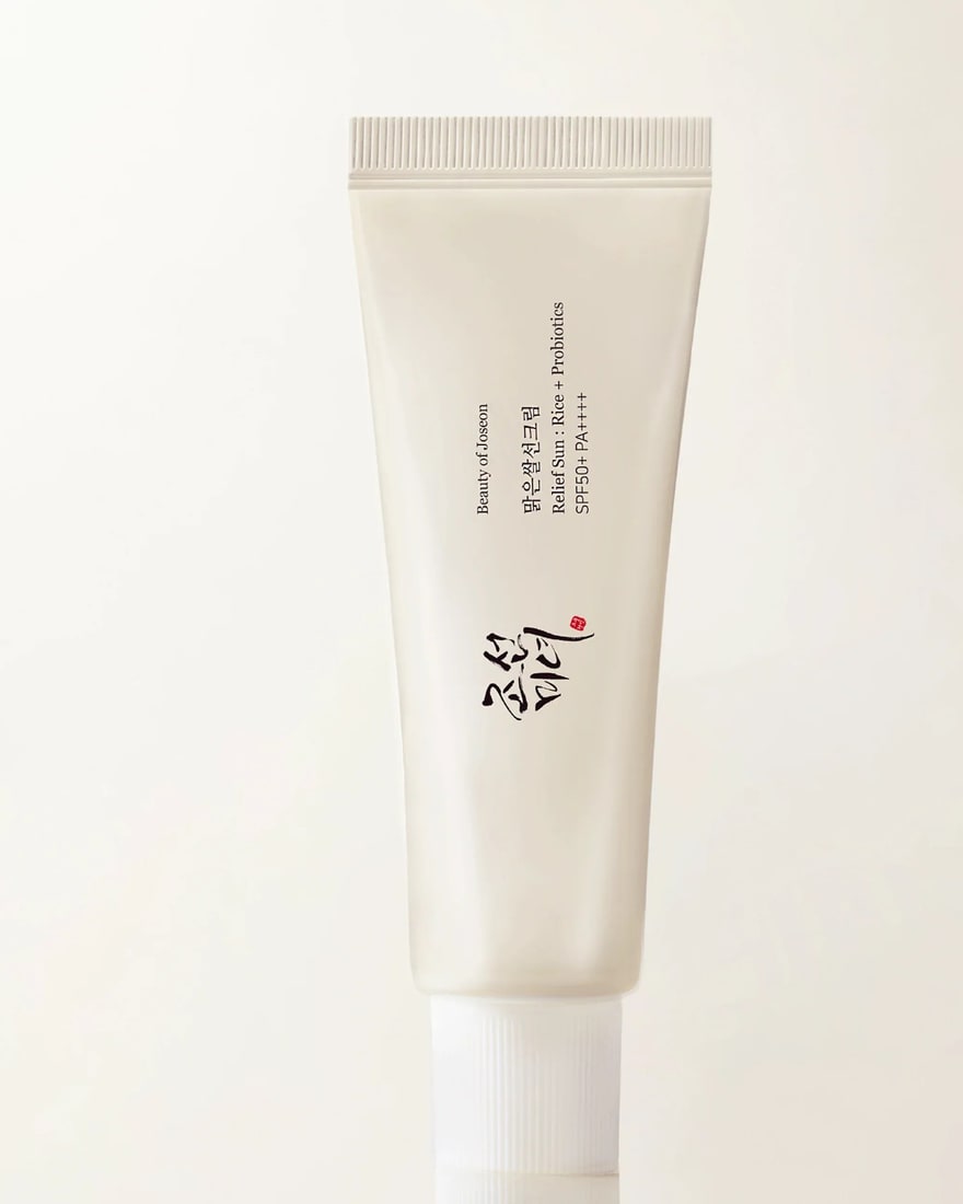 A Beauty of Joseon Relief Sun sunscreen tube, its label reading Beauty of Joseon, 맑은쌀선크림, Relief Sun : Rice + Probiotics, SPF50+ PA++++.