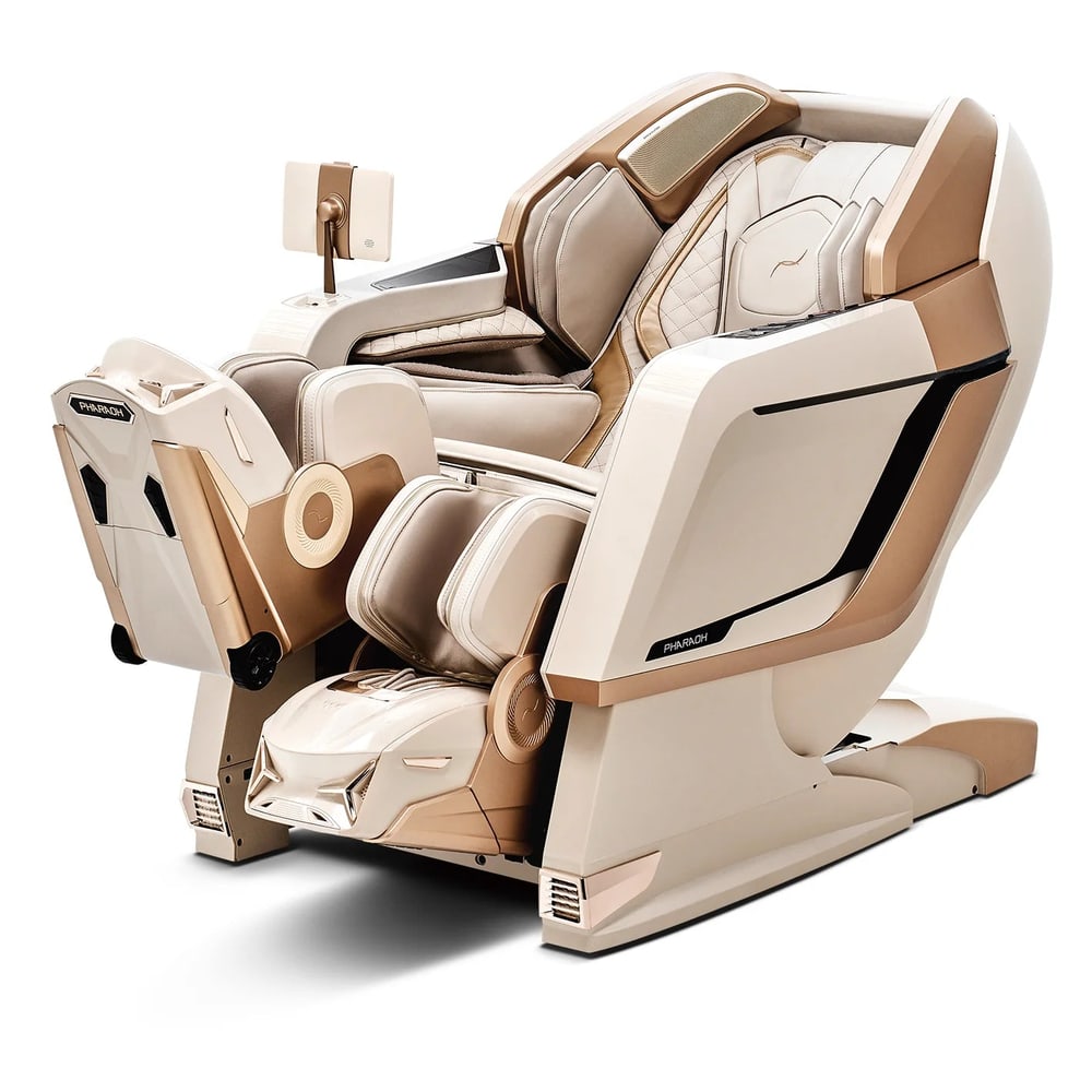 A Bodyfriend Pharaoh NEO massage chair in cream and gold, with sculpted armrests, a headrest speaker unit and enclosed leg boots.