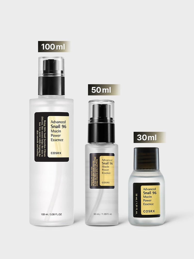 Three sizes of the COSRX snail essence — 100ml, 50ml and 30ml bottles — lined up by height on a white background.