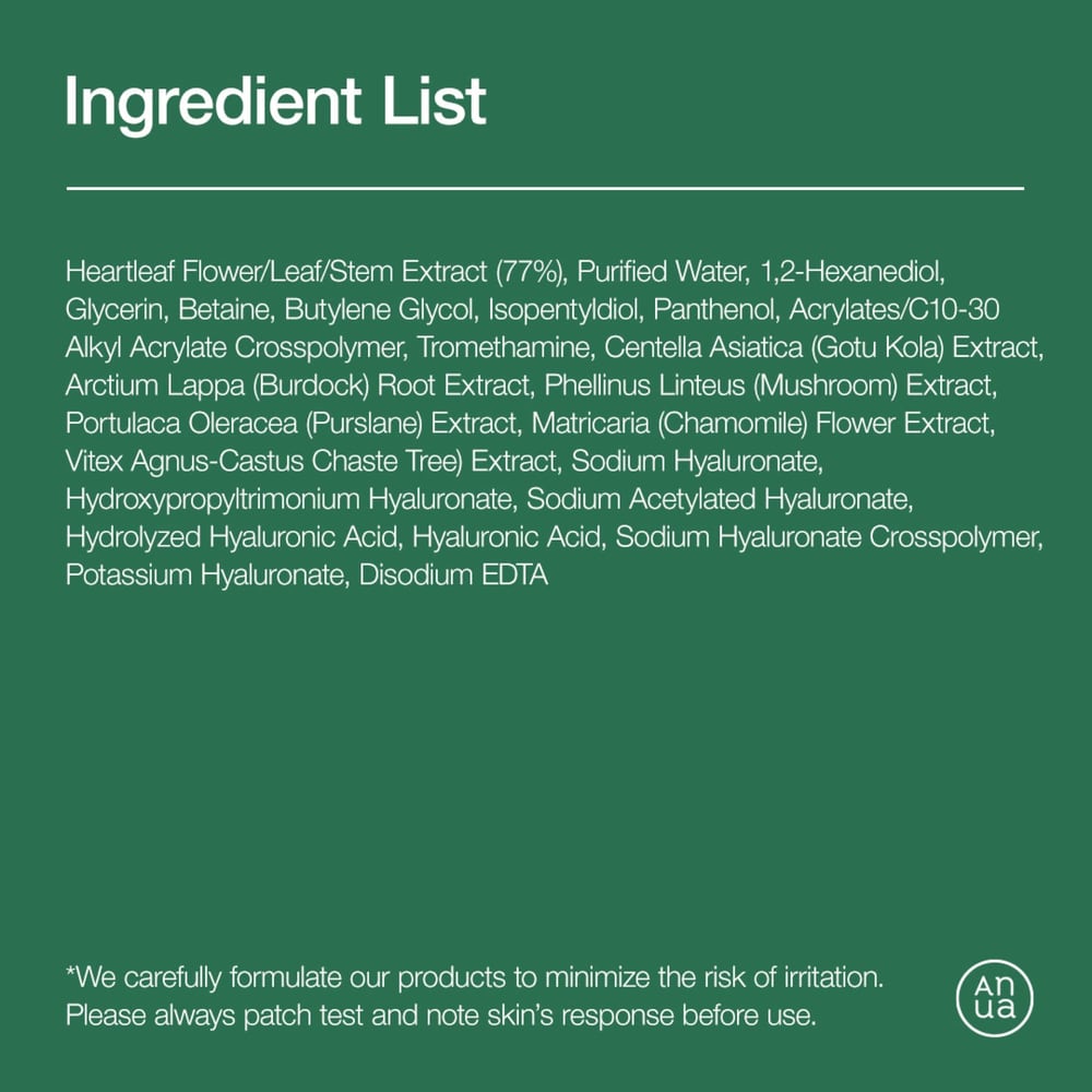 Anua's ingredient list card for the Heartleaf 77 toner, the INCI list beginning with Heartleaf Flower/Leaf/Stem Extract (77%), followed by purified water.