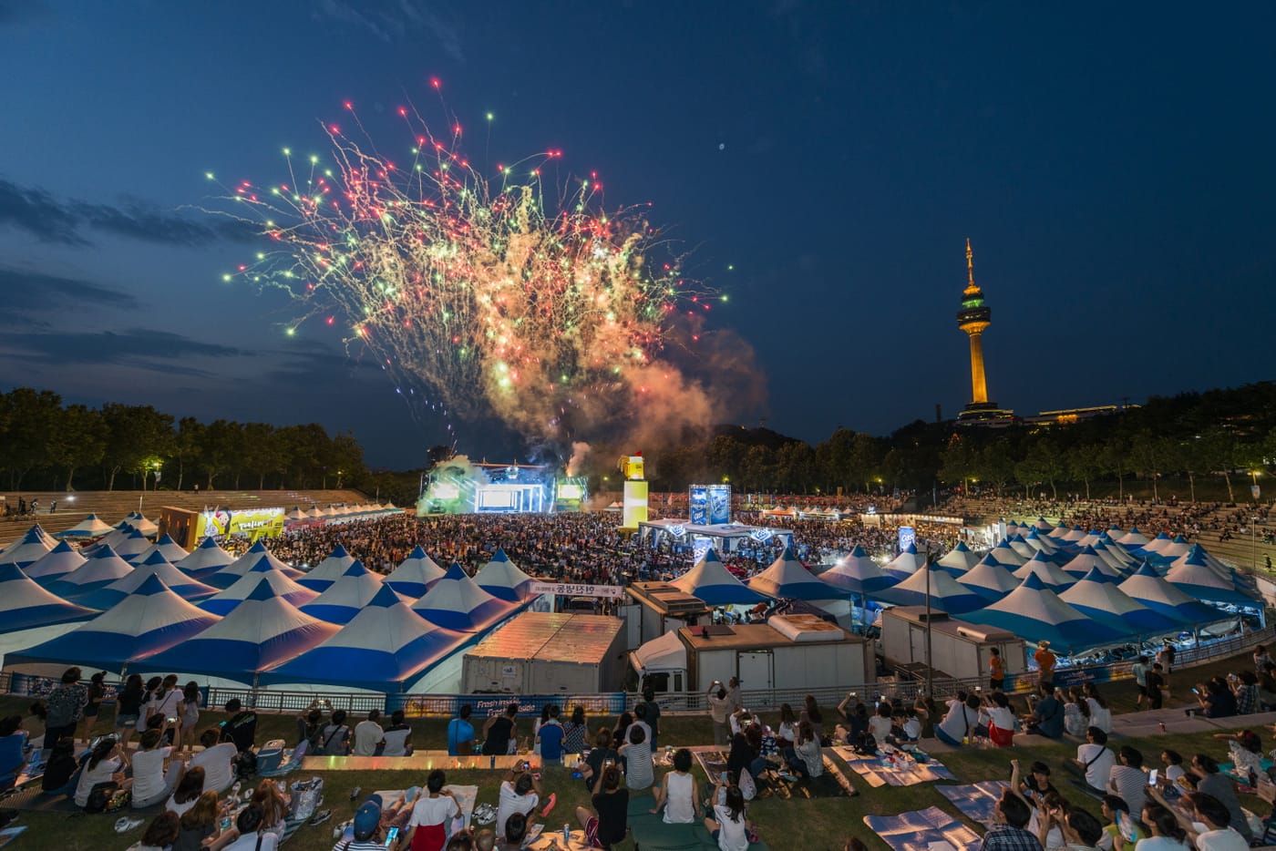 Fireworks over a huge nighttime crowd at Daegu's Chimac Festival, festival tents in rows and the 83 Tower lit in the background.