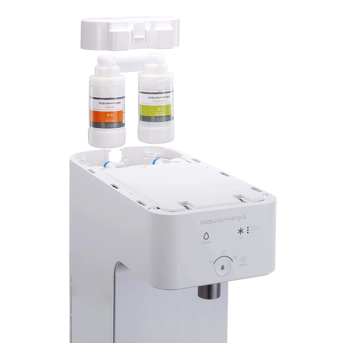 The open top of a Coway Aquamega 200C with two labeled filter cartridges seated inside.