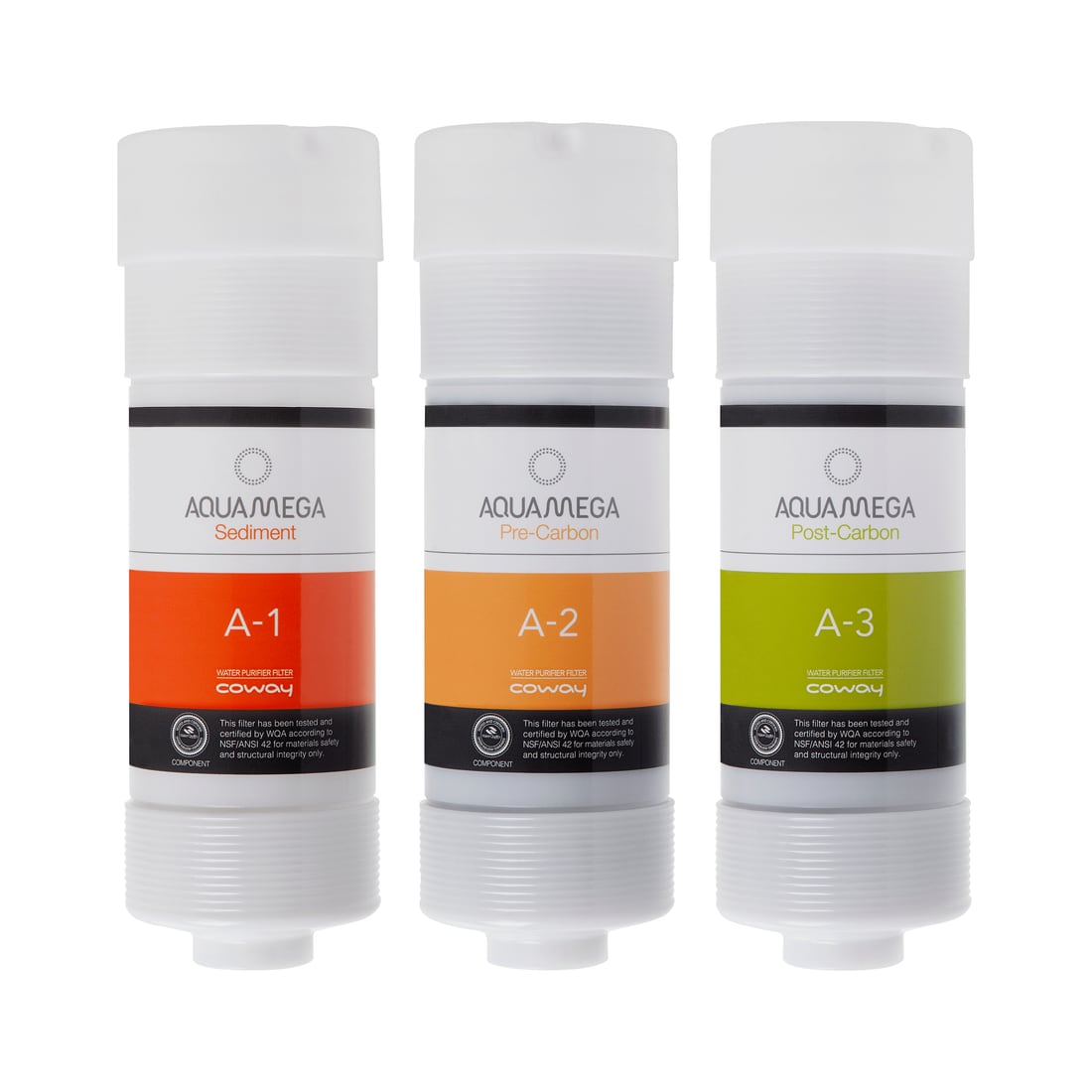 Three Aquamega filter cartridges labeled A-1, A-2 and A-3 standing in a row.