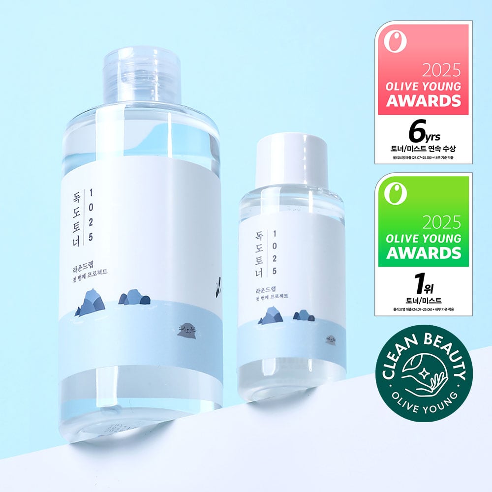 The Dokdo Toner 500ml and 200ml bottles beside Olive Young Awards badges reading six consecutive years and first place.
