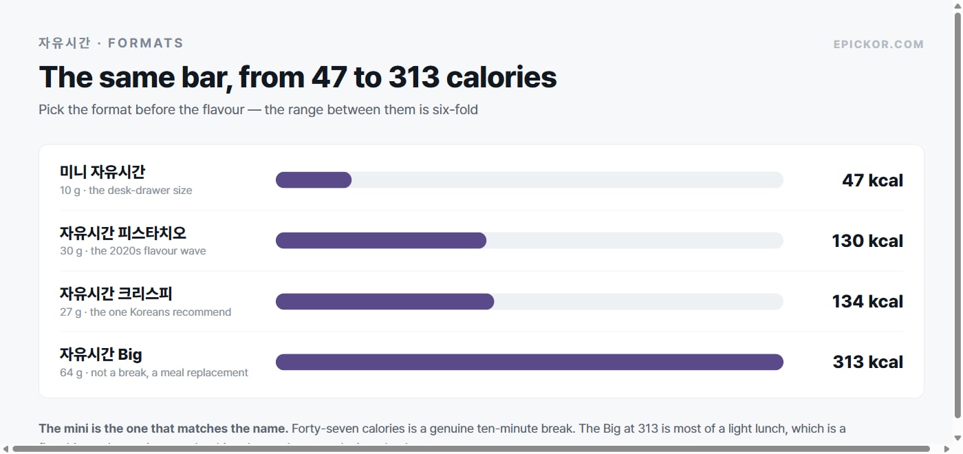 Chart of 자유시간 formats by weight and calories, from the 10 g mini at 47 kcal to the 64 g Big at 313 kcal.