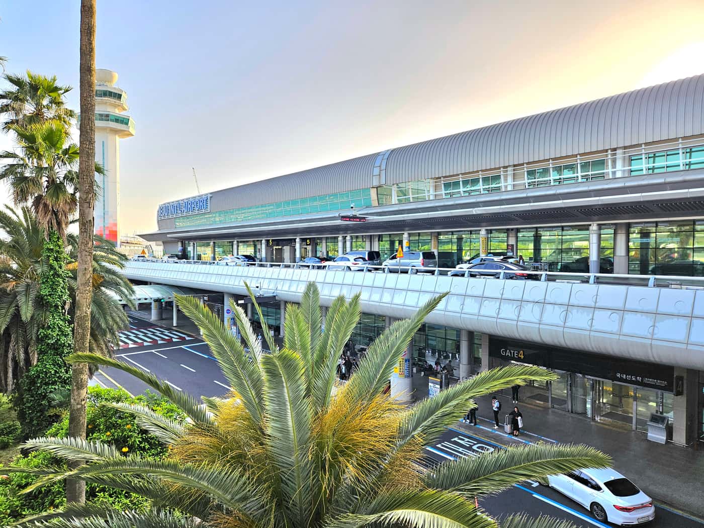 The exterior of Jeju International Airport at dusk, a curved terminal frontage behind palm trees with a Gate 4 sign and cars at the kerbside.