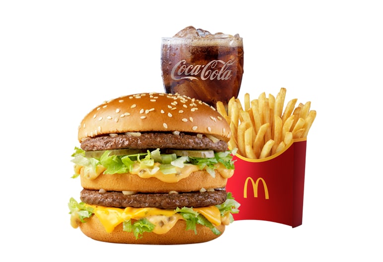 The Big Mac meal on a white background: the two-patty burger with its middle bun layer visible, beside fries and a Coca-Cola.