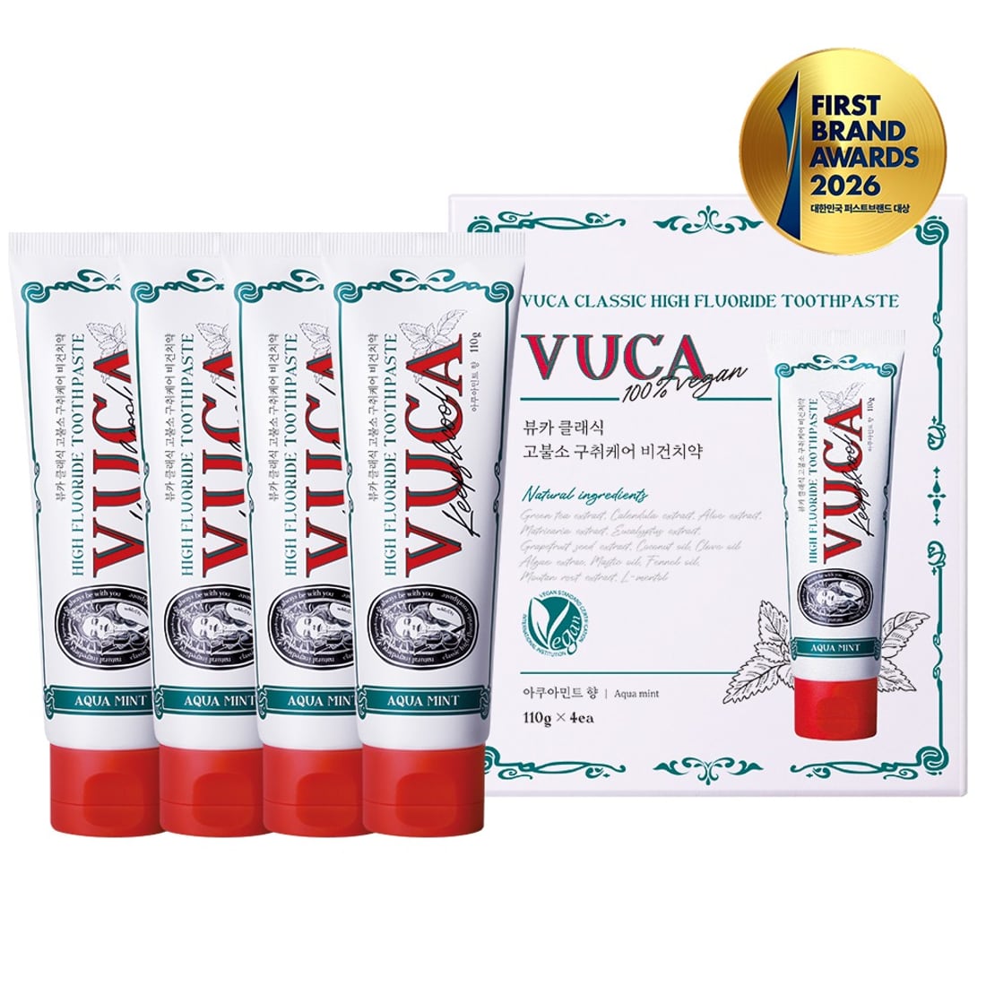 Four tubes of VUCA Classic high-fluoride toothpaste beside its box, which reads VUCA CLASSIC HIGH FLUORIDE TOOTHPASTE and 뷰카 클래식 고불소 구취케어 비건치약, aqua mint, 110g