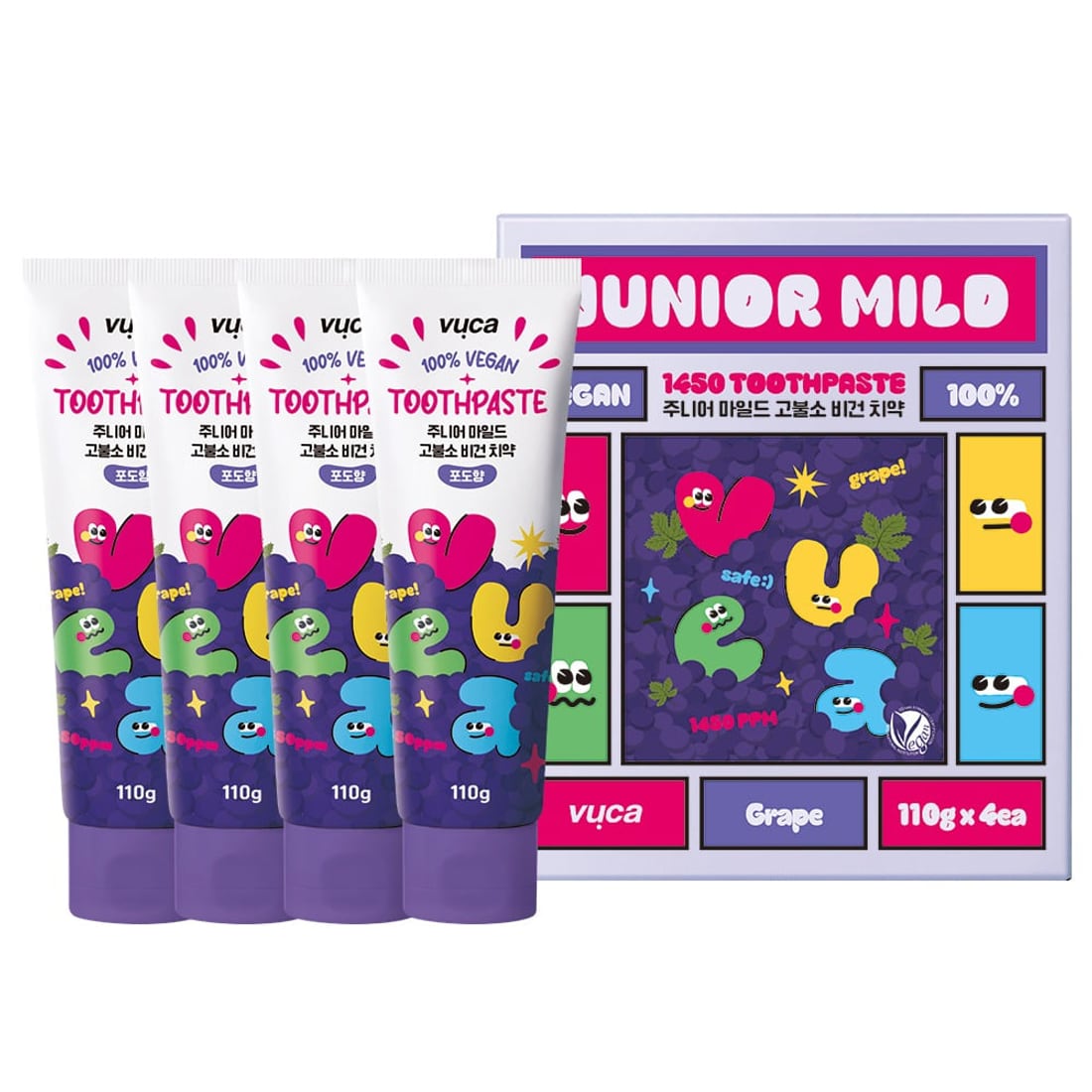 Four tubes of VUCA junior grape-flavour vegan toothpaste beside their box, marked JUNIOR MILD 1450 TOOTHPASTE and 주니어 마일드 고불소 비건 치약, 110g