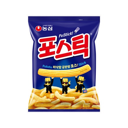 A blue bag of Nongshim Postick, with the Korean 포스틱 logo and a picture of ridged potato sticks on the front.