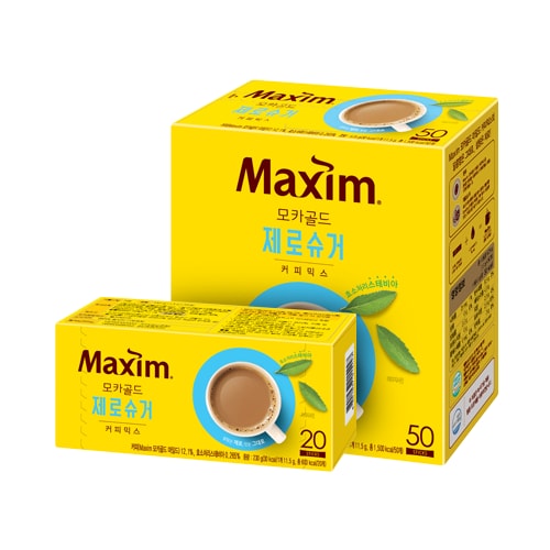Yellow boxes of Maxim Mocha Gold Zero Sugar coffee mix, in 50-stick and 20-stick sizes.