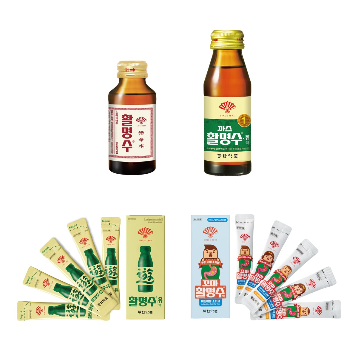 The Hwalmyungsu product family: the original brown bottle, the green Gas Hwalmyungsu-Q box, the children's Kkoma Hwalmyungsu sticks, and the Hwalmyungsu-U pouches.