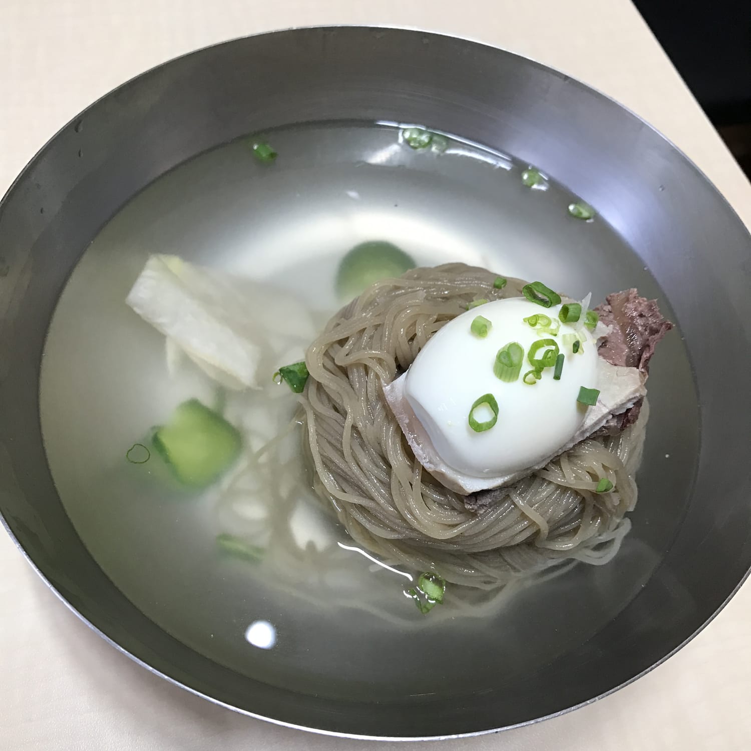 A stainless bowl of mul-naengmyeon: dark buckwheat noodles coiled in clear iced broth with a halved egg, sliced beef, cucumber and radish.