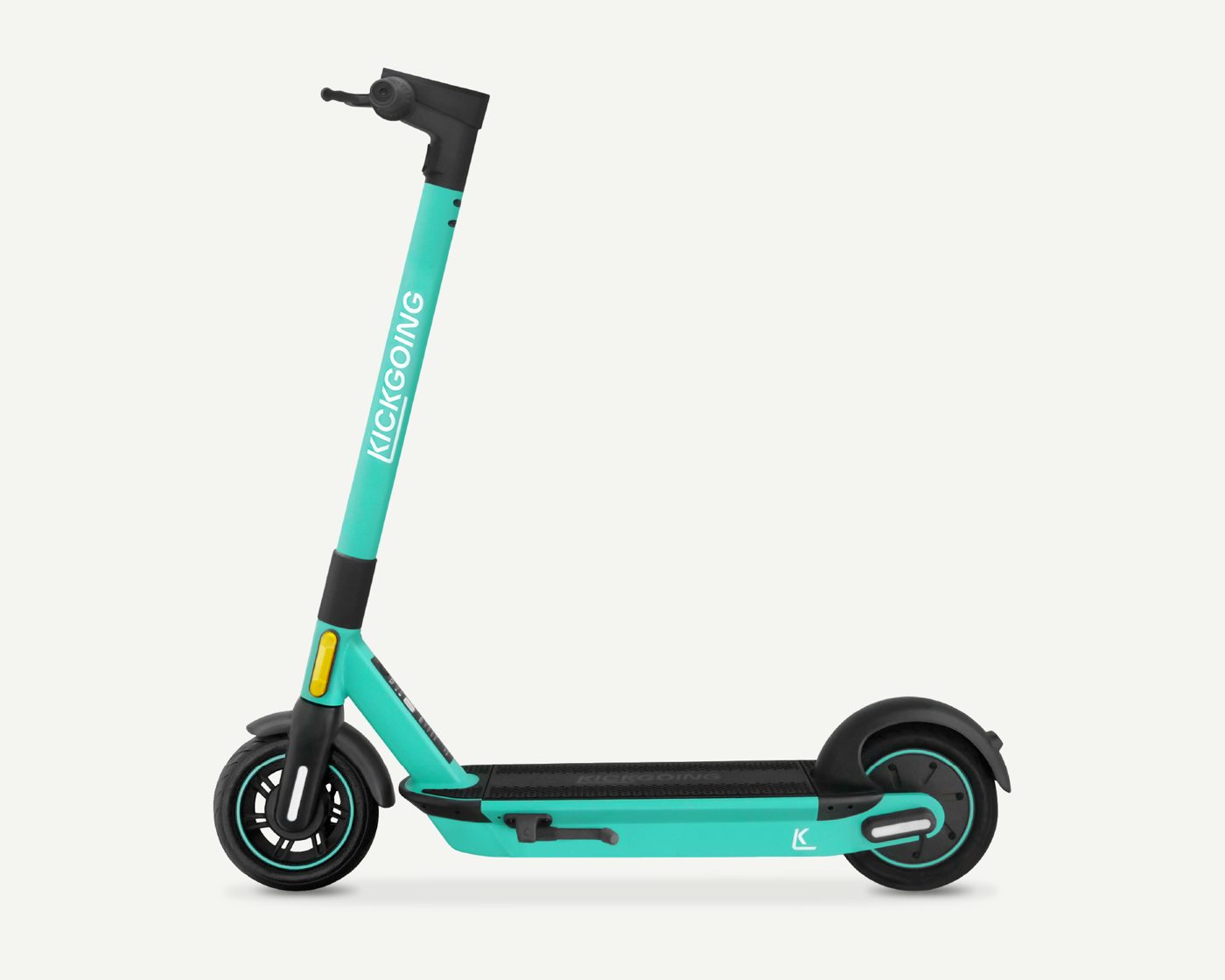 A teal Kickgoing shared e-scooter shown side-on against a plain background.