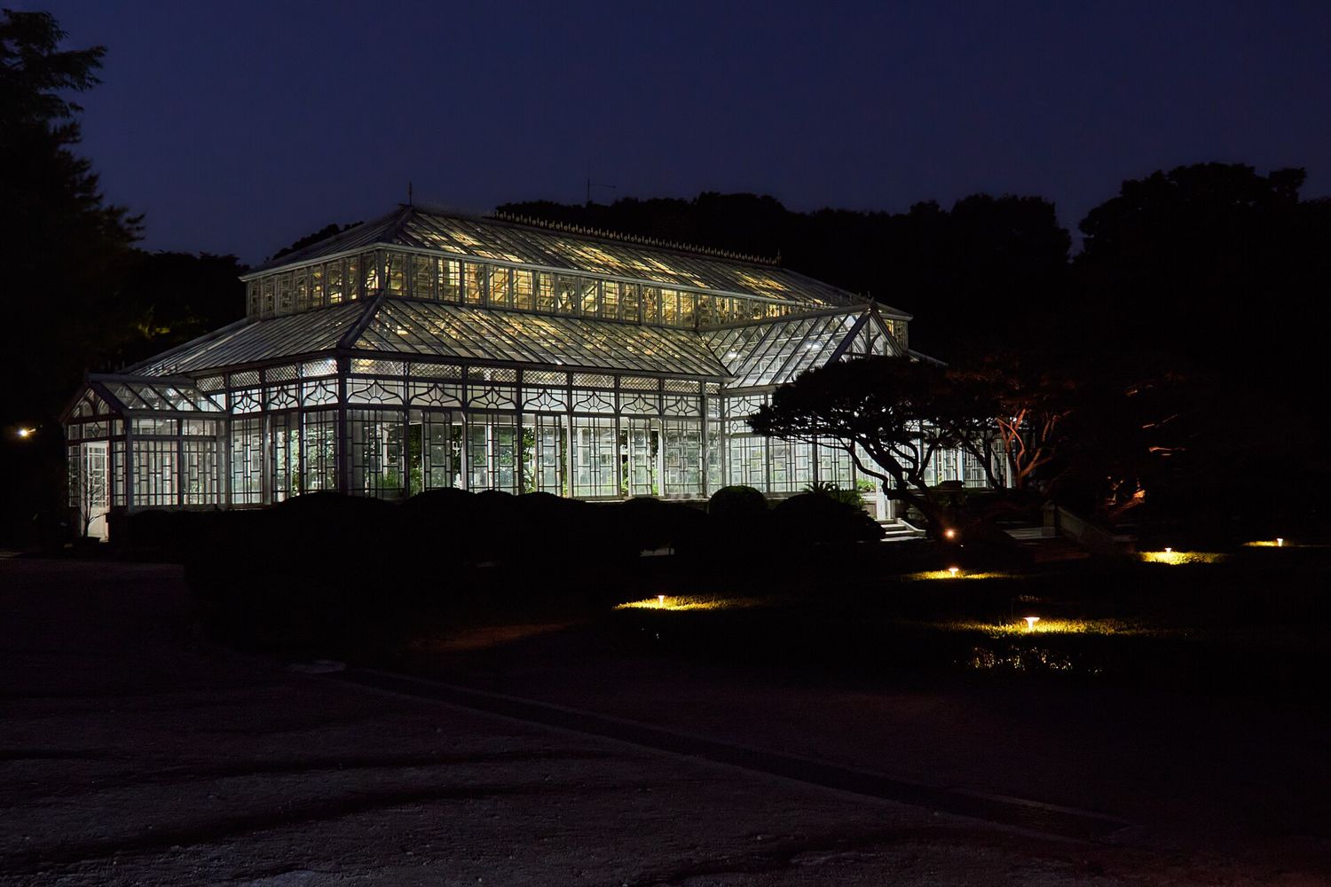 A lit Victorian-style glasshouse at night in the grounds of Changgyeonggung, with dark trees behind and small path lights on the lawn in front.