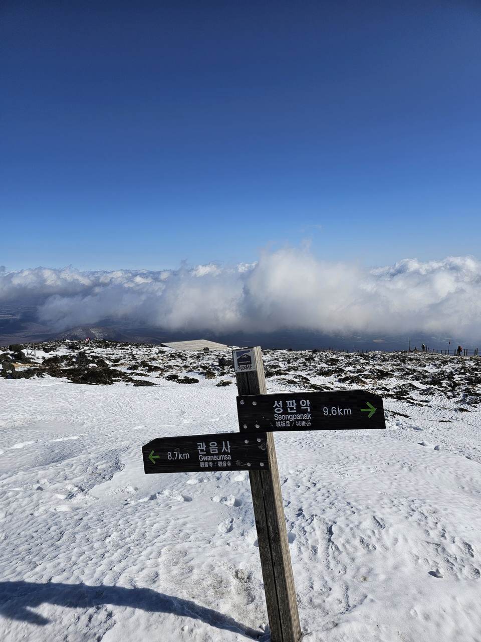 A wooden signpost in the snow at Hallasan's summit pointing left to Gwaneumsa 8.7 km and right to Seongpanak 9.6 km, with clouds below.