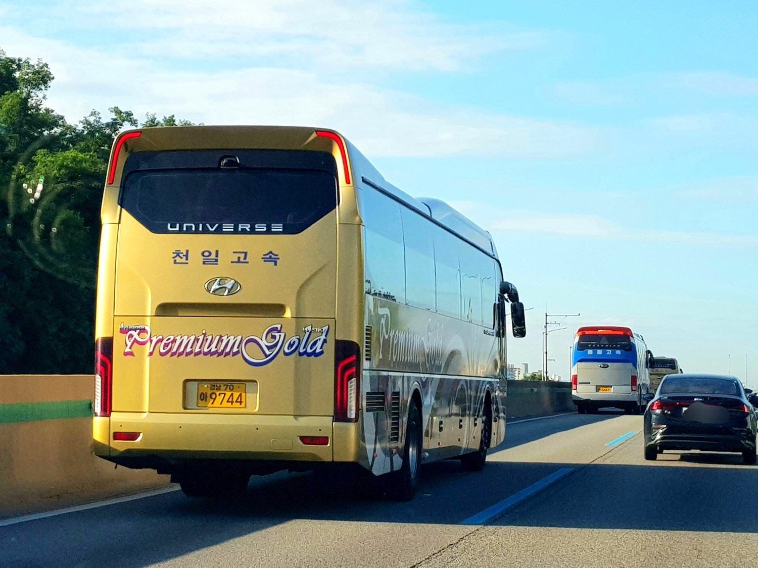 A gold Cheonil Express Premium Gold express bus, a Hyundai Universe coach with 천일고속 on the back, driving on a Korean expressway with another express bus further ahead.