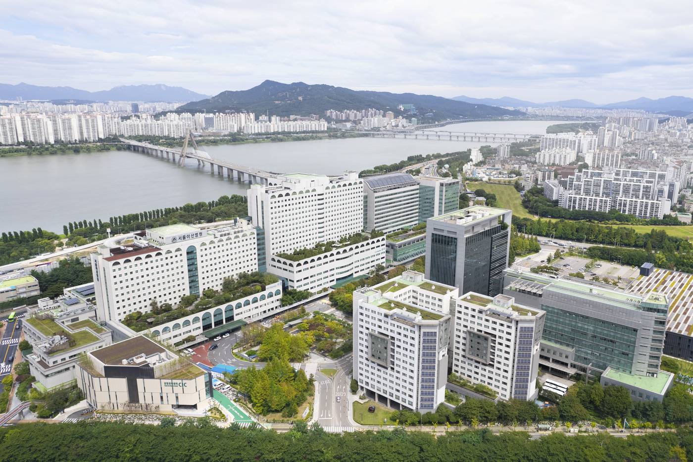 Aerial view of Asan Medical Center in Seoul: a cluster of white hospital towers with rooftop gardens beside the Han River, with the Olympic Bridge and apartment blocks behind. The main building carries the sign 서울아산병원.