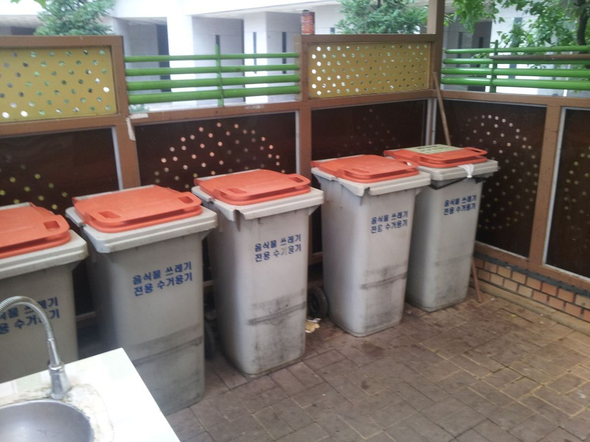 A row of grey wheelie bins with orange lids in an apartment courtyard in Korea, each labelled 음식물 쓰레기 전용 수거용기, with a tap and sink in the corner for rinsing.