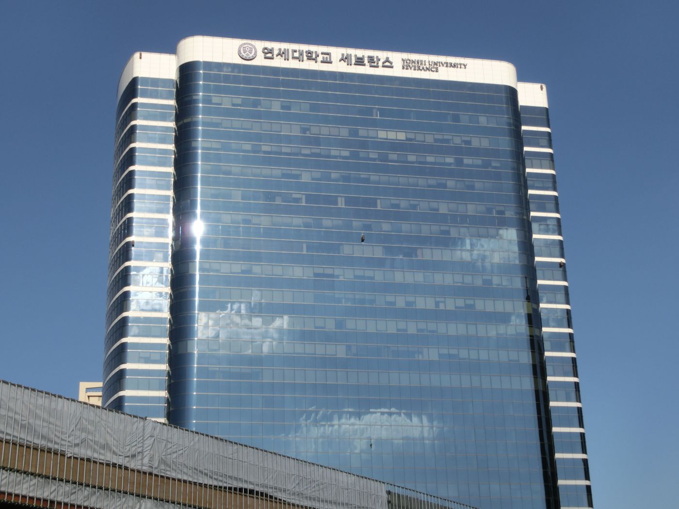The glass tower of the Yonsei University Severance Building near Seoul Station, with the sign 연세대학교 세브란스 YONSEI UNIVERSITY SEVERANCE at the top.