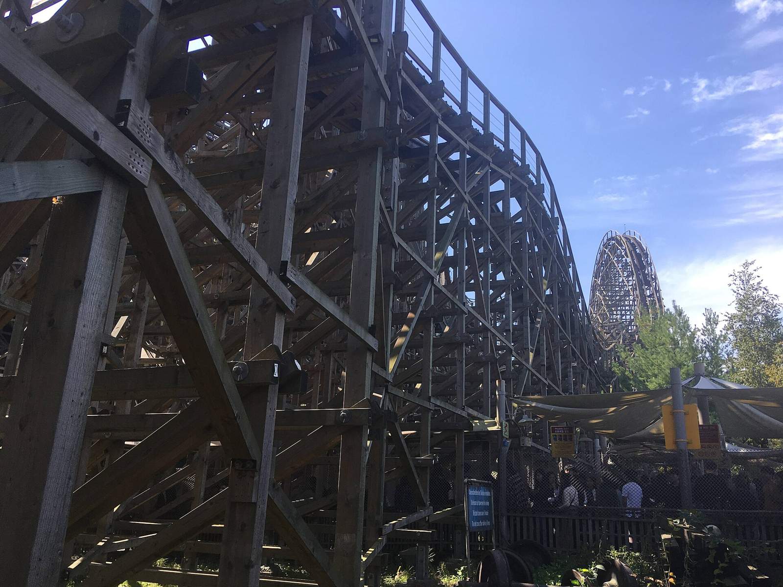 The wooden support structure of Everland's T Express coaster seen from below, with the track climbing to the right and visitors queuing under shade sails beside it on a sunny day.