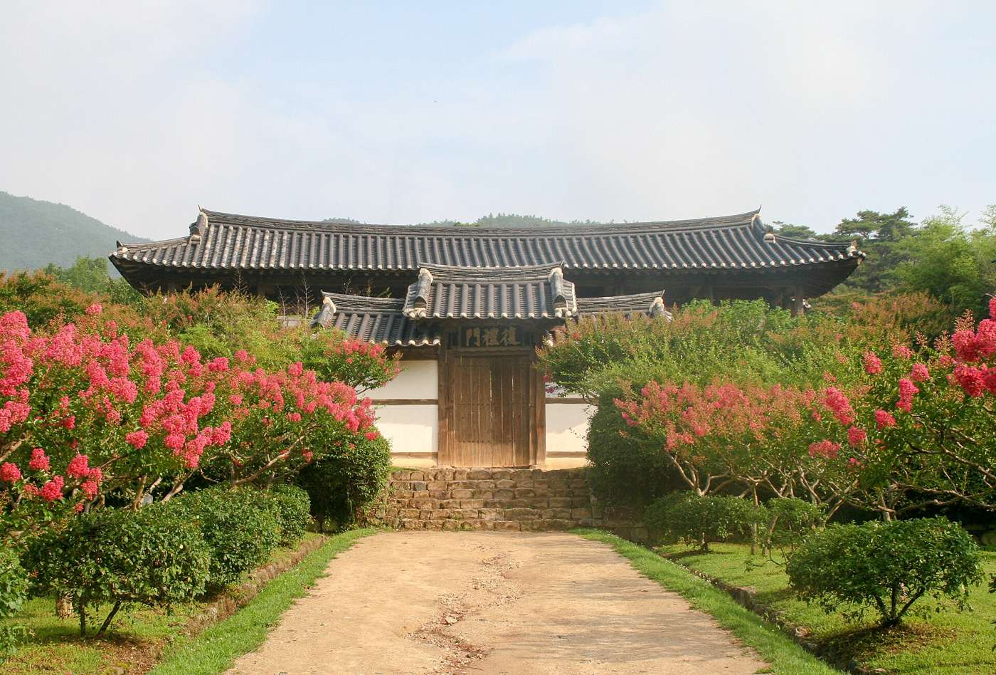 The gate of Byeongsan Seowon, a tiled gatehouse on a stone base at the end of a straight dirt path, lined with crape myrtle in full pink and red flower.