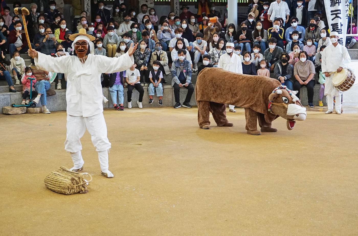 A masked performer in white with a straw bag at his feet raises a wooden mallet near a man-sized brown ox puppet, on a sandy stage ringed by drummers in white and a packed, roofed stand of spectators.