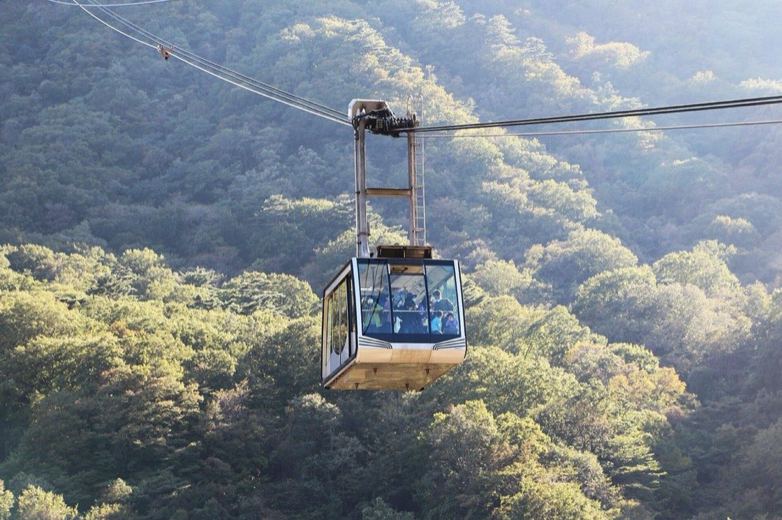 A cable car cabin with passengers visible through its windows hanging from the line above a forested slope with touches of yellow in autumn sunlight, October 2022.